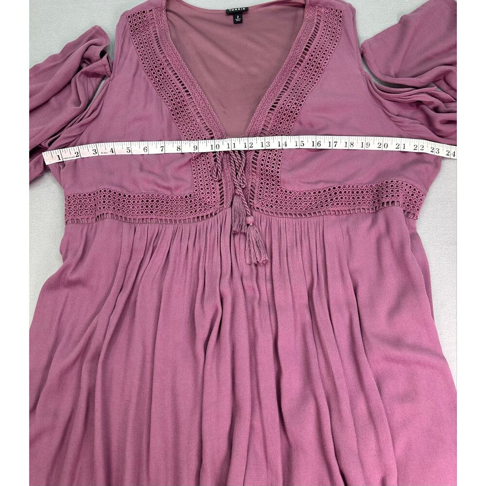 Torrid Mauve Crochet Tassel Tie Cold Shoulder Mini Dress Size 2 Boho - Picture 9 of 11